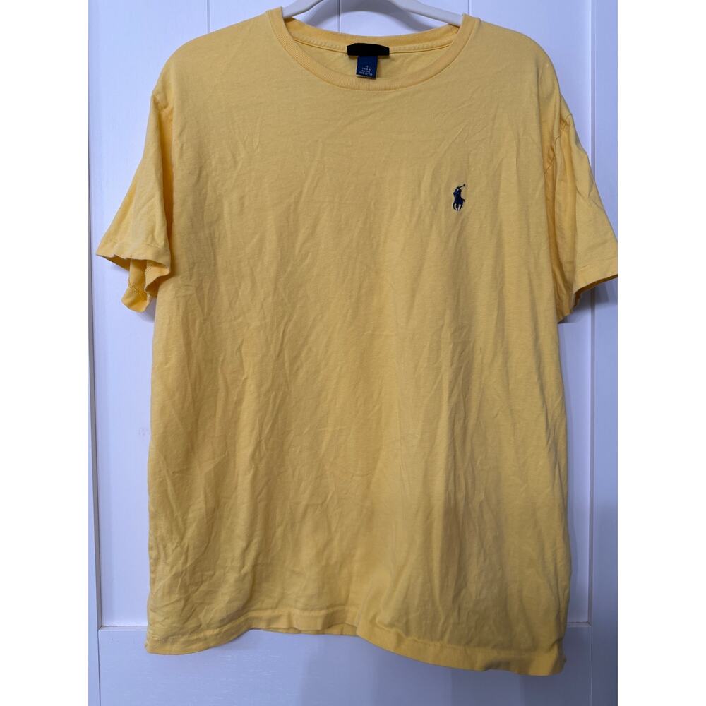 Polo Ralph vintage Lauren yellow crew neck t-shirt navy embroidered pony sz M